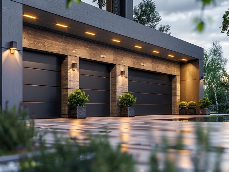 Modern home with multiple black garage doors, warm lighting, and a spacious paved driveway.