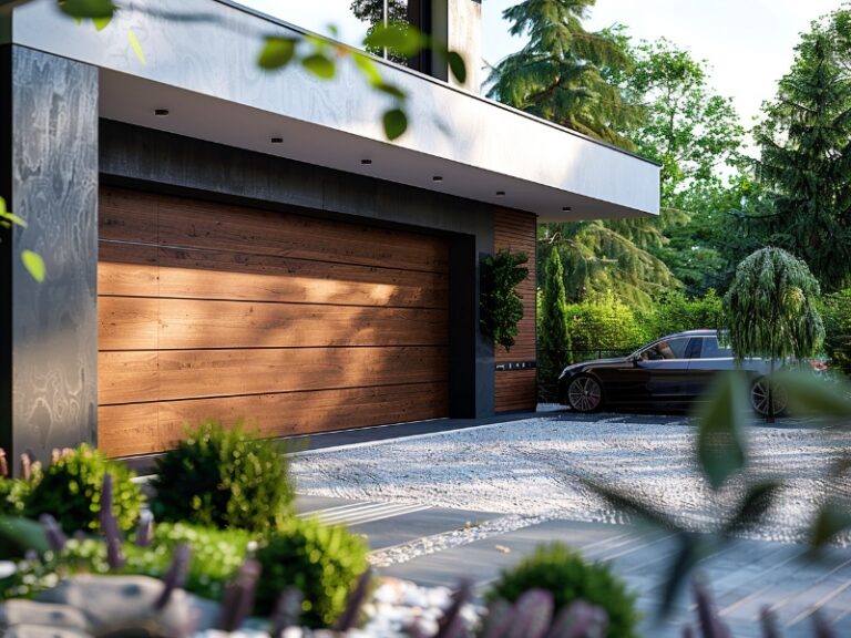 Modern home with a wooden garage door and a black car in the driveway.