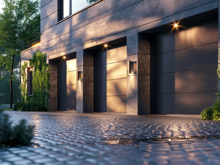 Modern house with a dark exterior featuring three sleek garage doors, illuminated by warm lights, and a wet, cobblestone driveway surrounded by greenery