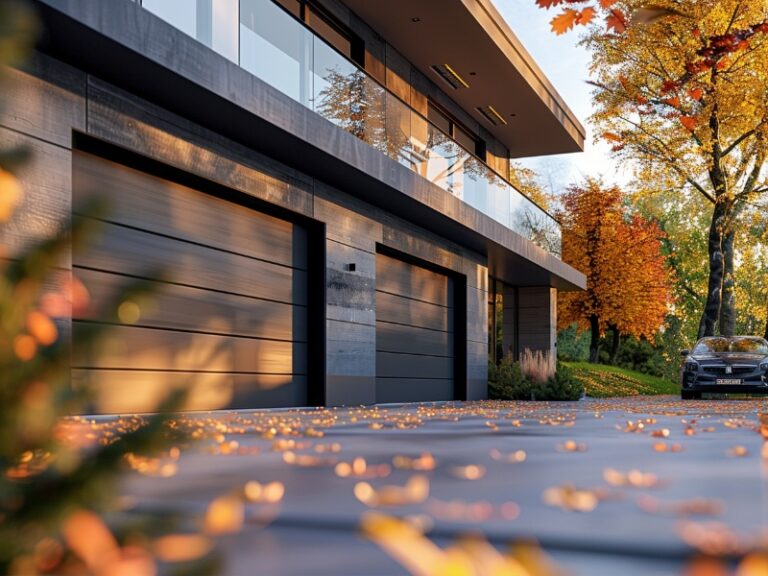 Modern house with a dark exterior and two sleek garage doors, featuring a clean driveway scattered with autumn leaves, surrounded by vibrant fall foliage and trees