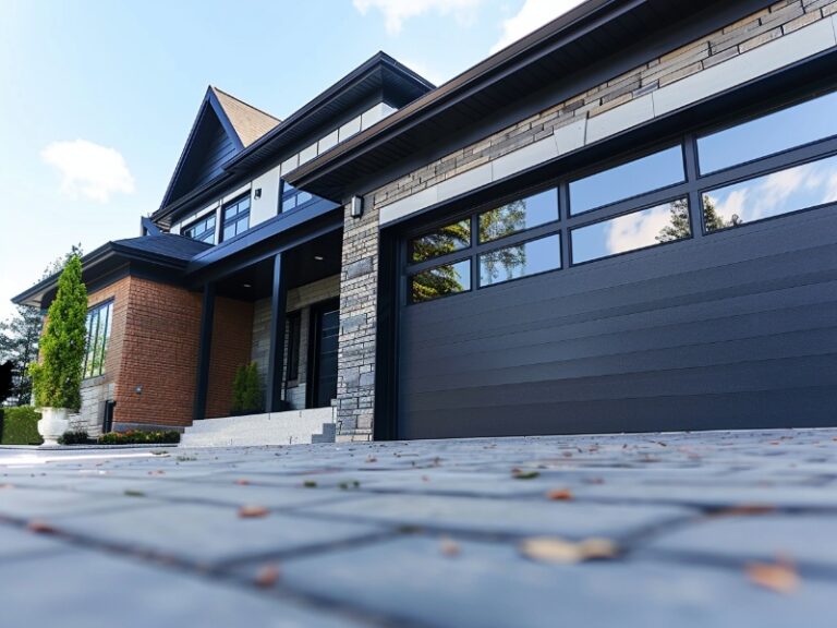 Modern home with a black garage door featuring large windows and a mixed brick and stone facade.