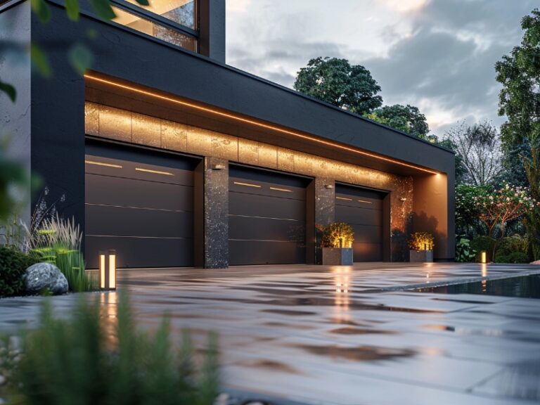 Modern house with sleek dark garage doors, warm lighting, and a reflective paved driveway, surrounded by lush greenery.