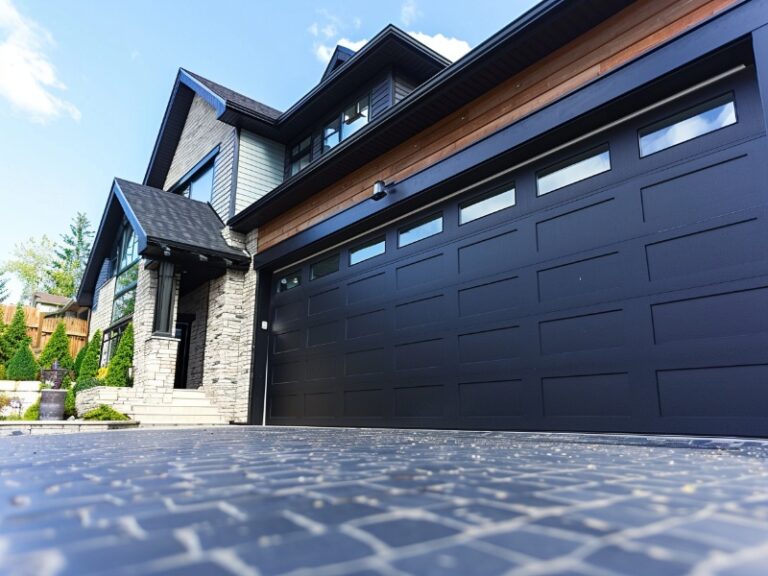 A modern house with a sleek black garage door and stone facade, featuring a spacious driveway with stylish paving.