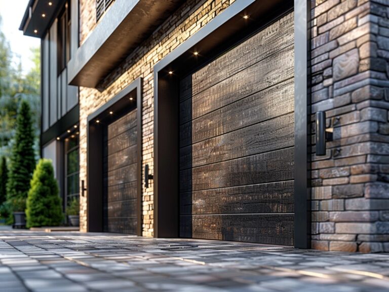 A modern home featuring dark wooden garage doors with a stone exterior, illuminated by sleek wall lights, and complemented by neatly landscaped greenery.