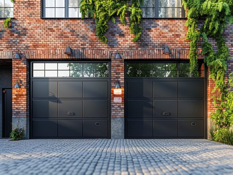 A modern home with sleek black garage doors, surrounded by vibrant autumn foliage and fallen leaves.