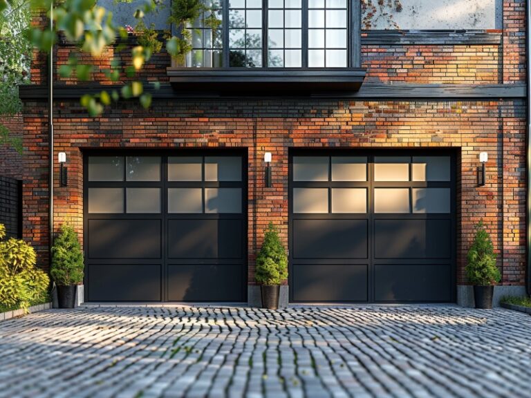 "Elegant brick facade with two modern black garage doors and potted plants on a cobblestone driveway."