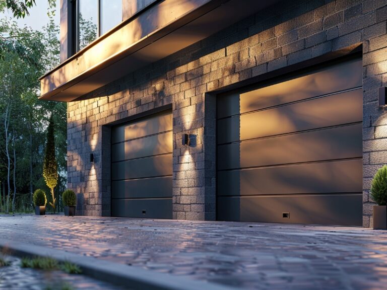 A modern home with a sleek, dark brick exterior featuring two contemporary garage doors, illuminated by warm lighting and surrounded by minimalist landscaping.