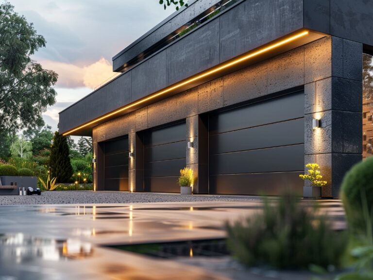 A modern house with sleek black garage doors, illuminated by warm lighting, featuring a polished stone driveway and contemporary landscaping.