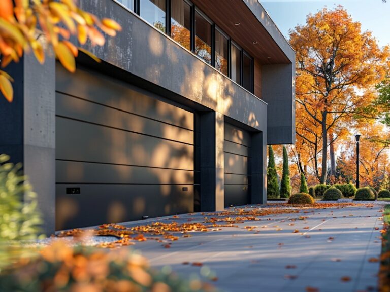 A modern house with sleek black garage doors, surrounded by vibrant autumn foliage on a clear day.