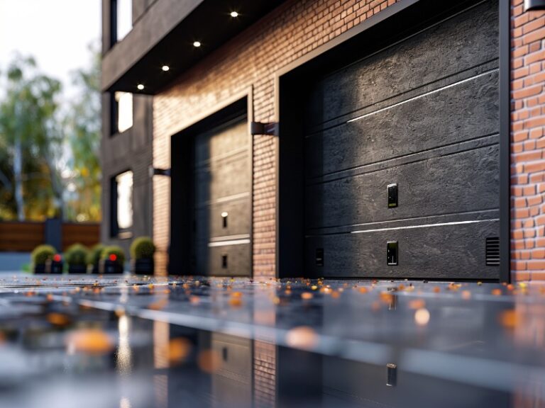 A close-up view of two modern black garage doors on a brick house, with a shiny, wet driveway and scattered autumn leaves.