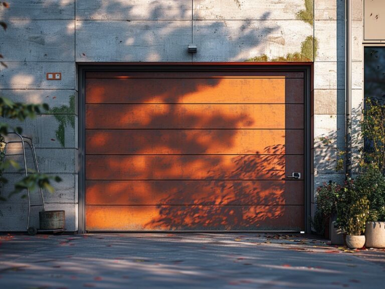 Modern garage with a wooden door, surrounded by a concrete exterior, and accented with greenery and potted plants, casting shadows on a paved driveway.