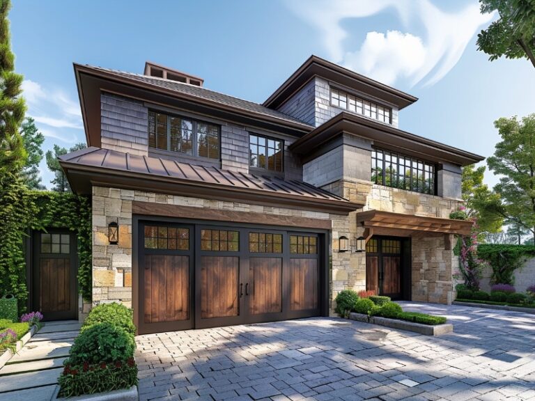 A beautiful two-story home with a mix of stone and wood elements, featuring elegant wooden garage doors, large windows, and a spacious paved driveway surrounded by well-manicured greenery in bright daylight.