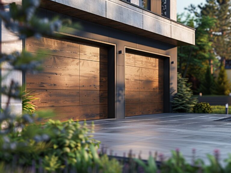 "Modern home with large wooden garage doors and a neatly landscaped driveway."