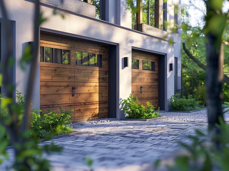 "Modern home with wooden garage doors featuring small windows, surrounded by lush greenery and a stone pathway."