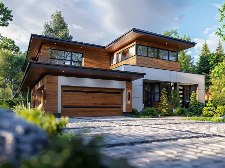 A contemporary house with wooden garage doors, large windows, and a stylish architectural design, set on a cobblestone driveway surrounded by lush greenery.