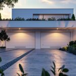 clean, bright, sleek, modern white garage doors on a contemporary home.