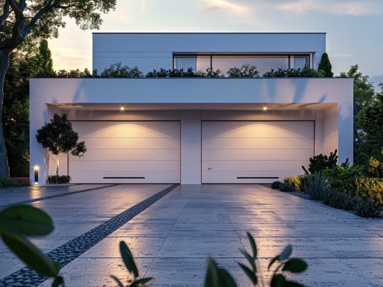 clean, bright, sleek, modern white garage doors on a contemporary home.