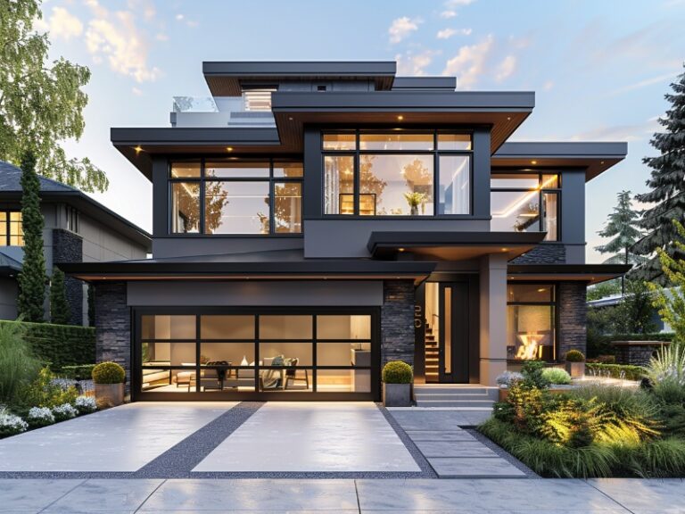 A modern house with a sleek garage door and minimalistic design, featuring a classic car parked in the driveway, surrounded by lush greenery and a well-maintained garden.