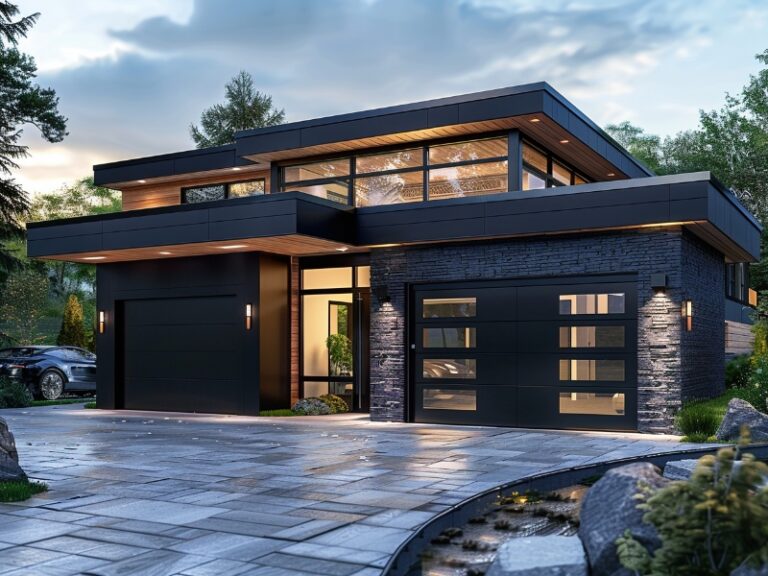 Modern two-story house with large windows, dark exterior, warm lighting, and two garage doors, set against lush greenery and a paved driveway.