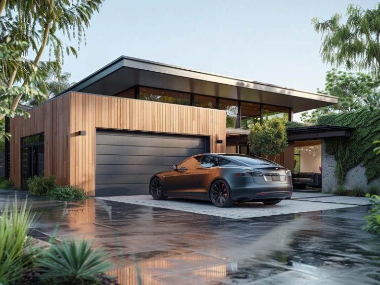 Modern house with a sleek black garage door, wooden exterior, and large windows, with a luxury car parked in the driveway and surrounded by lush landscaping.