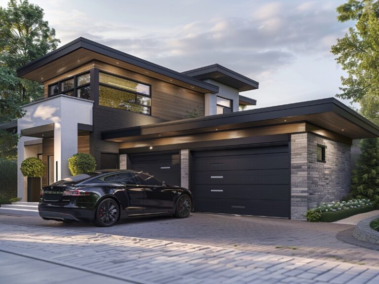 Modern garage door with smart technology integration on a sophisticated home.