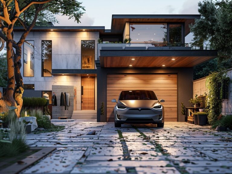 A modern home with a wooden garage door, featuring a gray car parked in front and a stylishly landscaped driveway with evening lighting.