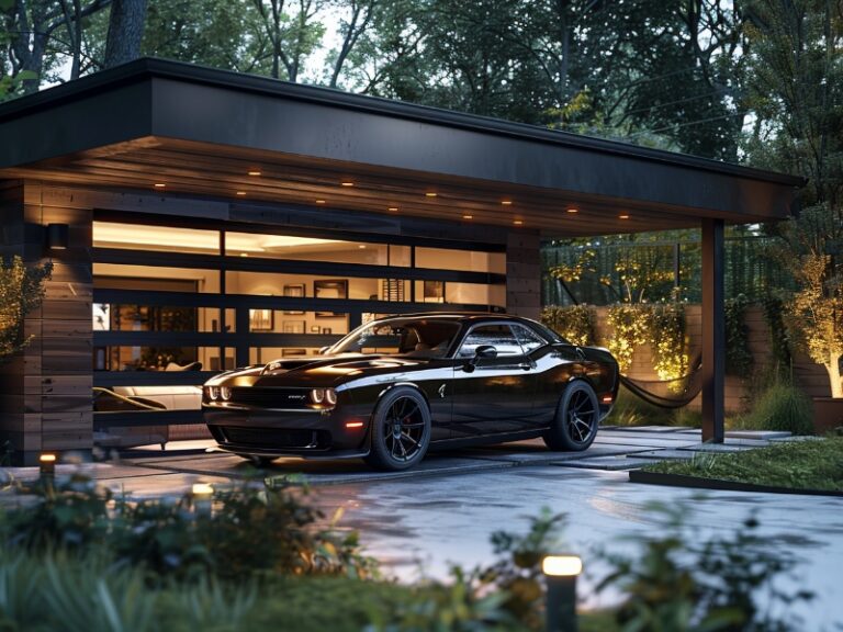 A sleek black car parked in front of a modern, glass-paneled garage door with warm exterior lighting and a lush, green landscape surrounding the driveway.