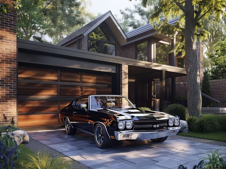 Modern house with a wooden garage door and brick exterior, featuring large windows and a classic black car parked in the driveway, surrounded by lush greenery.