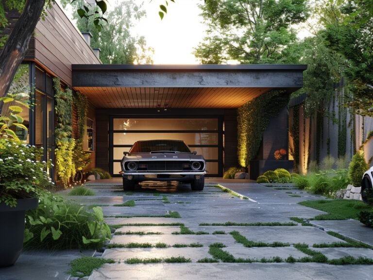 A classic car parked in front of a modern house with a glass-paneled garage door, surrounded by lush greenery and a stylish stone driveway.
