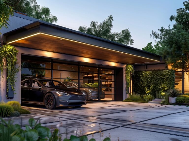 A sleek garage with glass doors, featuring a modern car parked inside, surrounded by lush greenery.