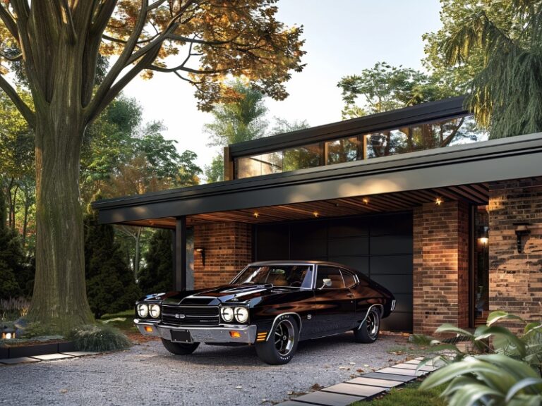 A sleek black vintage car parked in front of a modern brick and glass garage surrounded by lush greenery.