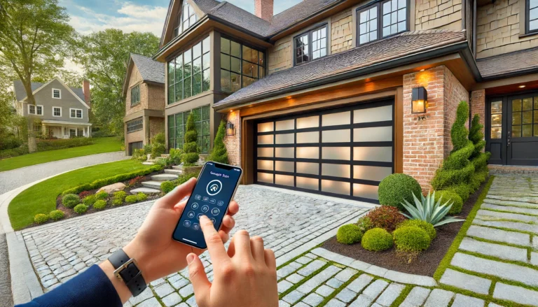 A person uses a smartphone app to control a modern garage door on a stylish brick house, with well-kept landscaping and a stone-paved driveway.