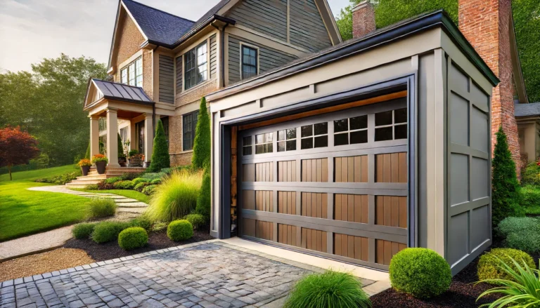 A stylish house with a modern wooden garage door, surrounded by lush landscaping and a stone-paved driveway.
