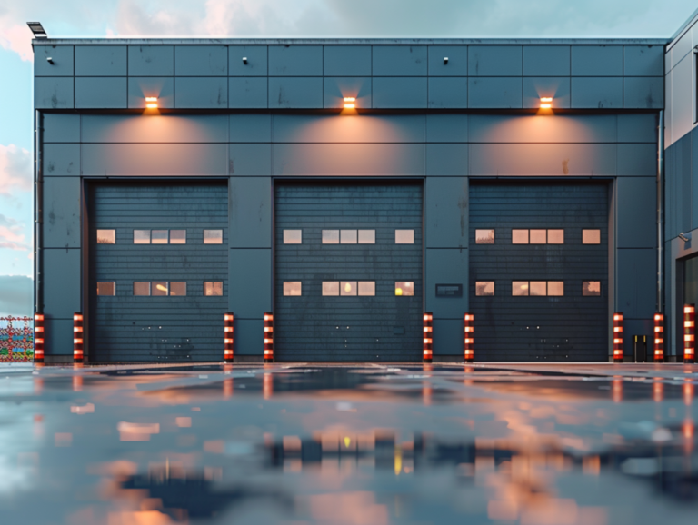 Industrial building with three large black garage doors, illuminated by exterior lights, and wet, reflective pavement in front.