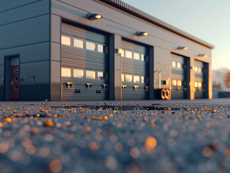 Modern industrial building with several large garage doors, sleek design, and warm exterior lighting, set against a clean, paved surface.