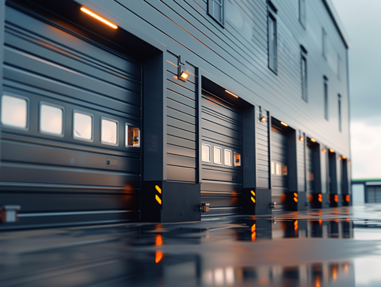 Industrial building with multiple black garage doors, ambient lighting, and wet, reflective concrete floors.