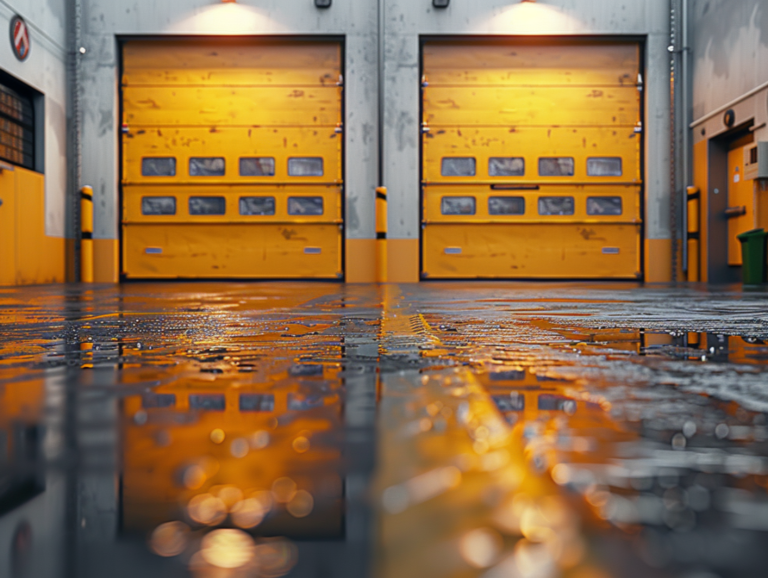 Industrial building with two bright yellow garage doors, illuminated by exterior lights, and a wet, reflective pavement in front.