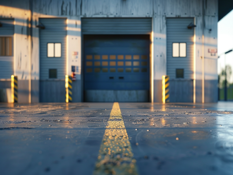 Industrial building with large blue garage doors, yellow safety poles, and a wet, reflective concrete surface, highlighted by sunlight.