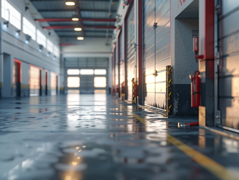 Interior of a spacious, well-lit garage with multiple bays, shiny concrete floors, and red fire safety equipment along the walls.