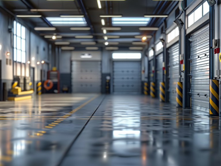 A spacious, modern garage facility with multiple rolling doors, polished concrete floors, and industrial lighting, creating a clean and efficient workspace.