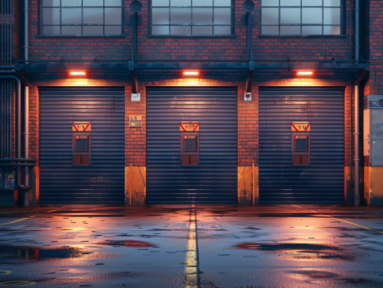 Industrial building with three black garage doors set in a brick facade, illuminated by exterior lights, and a wet, reflective pavement in front.