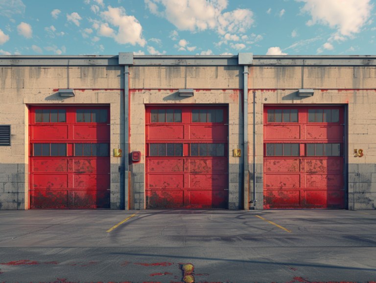 Three vibrant red garage doors on a weathered concrete building under a clear blue sky.