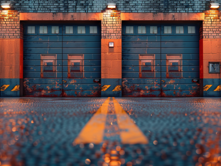 Industrial building with two worn, blue garage doors, brick facade, and exterior lighting.