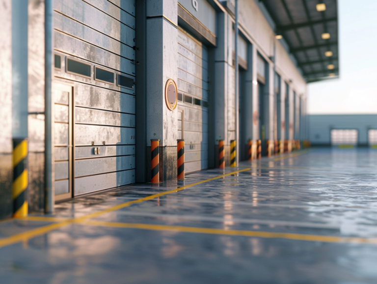 "Industrial warehouse with large metal roll-up doors and yellow safety markings on the polished concrete floor."