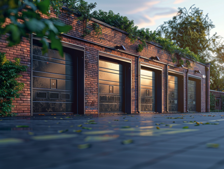 "Row of brick garages with dark doors, adorned with green vines, and a clean, paved driveway."