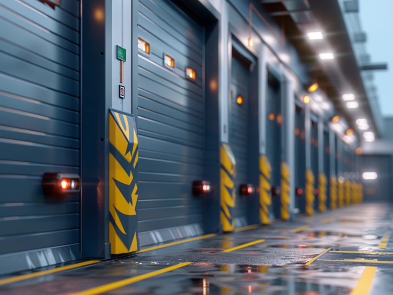 A row of industrial garage doors in a well-lit, modern loading dock area with wet, reflective flooring and yellow safety markings.