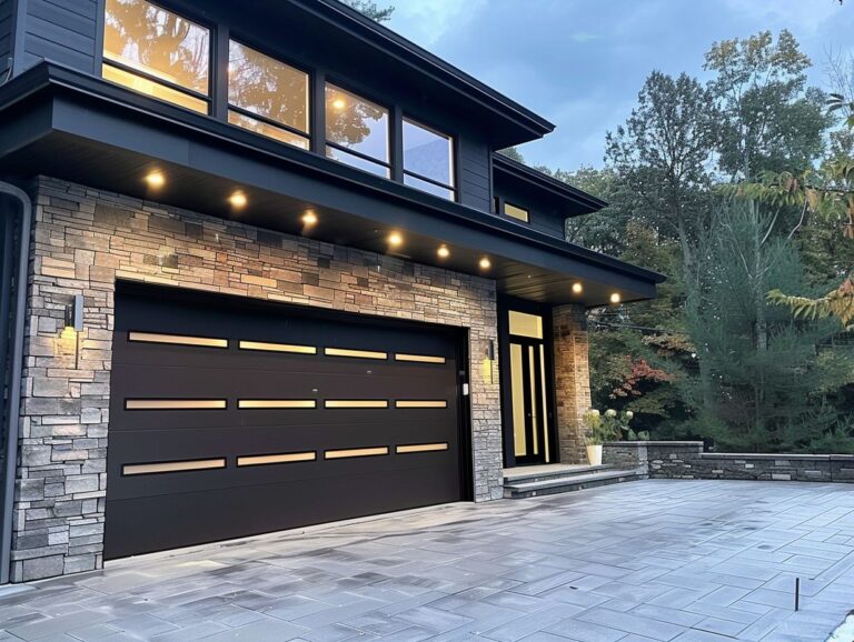 A modern house with a stone facade, black garage door with windows, and warm exterior lights at twilight.