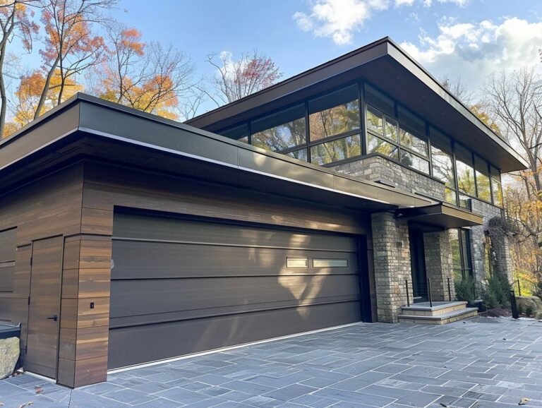 A contemporary house featuring a sleek wooden garage door, large windows, and surrounded by autumn foliage on a sunny day.