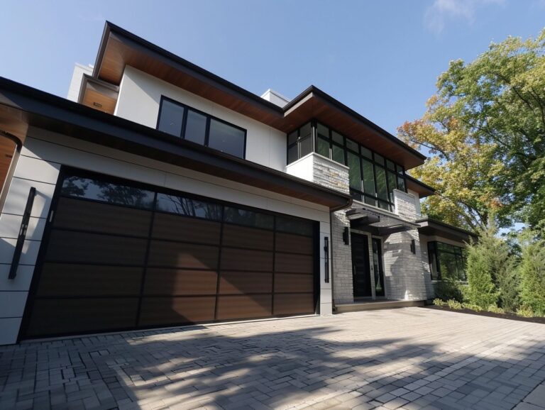 Contemporary home with a sleek wooden garage door and large windows.