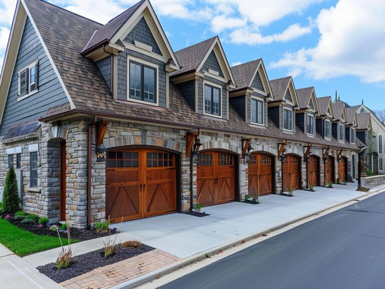 "Row of townhouses with rustic wooden garage doors and stone facades, under a bright blue sky."